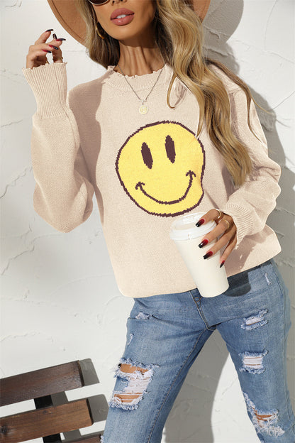 TastyHottie - Round Neck Long Sleeve Smily Face Graphic Sweater