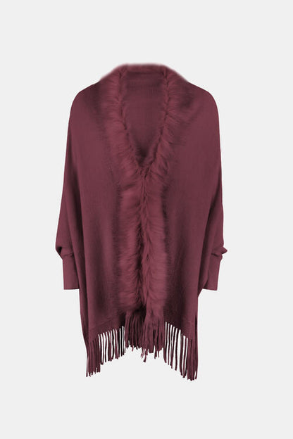 Fringe Open Front Long Sleeve Poncho Wine One Size clothes Drizzle Ship From Overseas sweaters