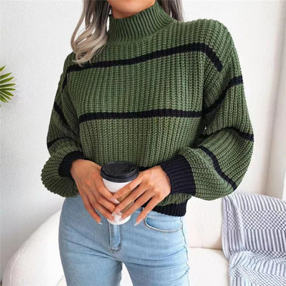 Women's Fashion Casual Striped Balloon Sleeve Turtleneck Sweater Green FREESIZE clothes Sweater sweaters turtle neck sweaters turtleneck sweater