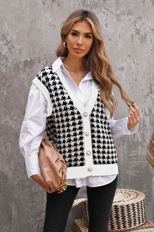 Houndstooth Button Front Sweater Vest White clothes Ship From Overseas Sweater sweaters T*Y