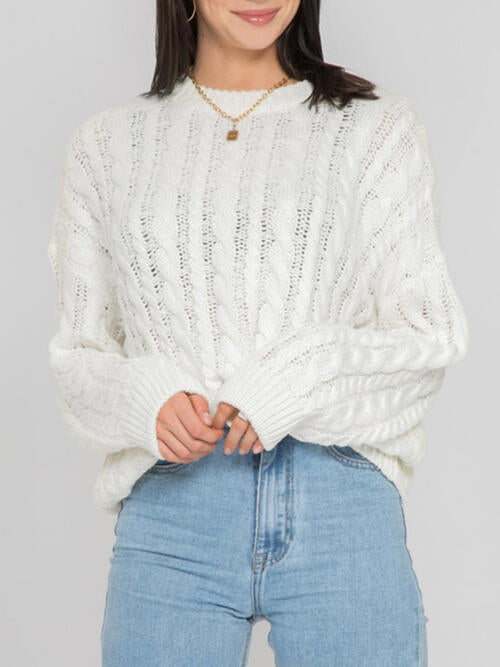 TastyHottie - Openwork Round Sleeve Cable-Knit Sweater