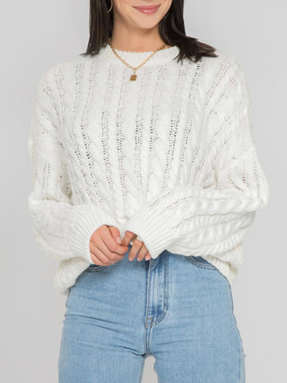 TastyHottie - Openwork Round Sleeve Cable-Knit Sweater