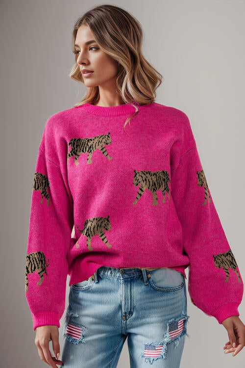 Tiger Pattern Round Neck Drop Shoulder Sweater Hot Pink clothes Ship From Overseas Sweater sweaters Sweatshirt SYNZ