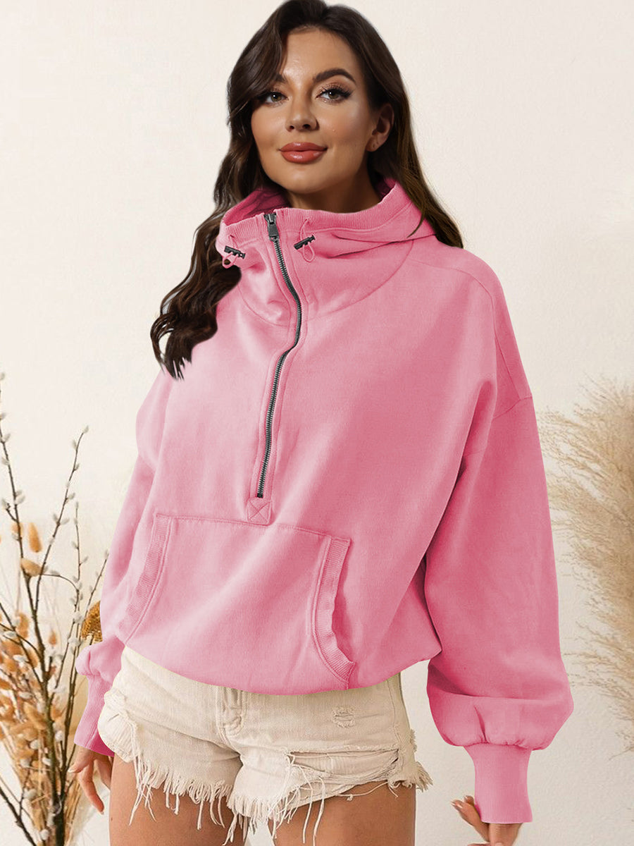 Zip-Up Dropped Shoulder Hoodie Carnation Pink clothes hoodie long sleeve MDML Ship From Overseas Shipping Delay 09/29/2023 - 10/02/2023 sweater sweaters Sweatshirt trend