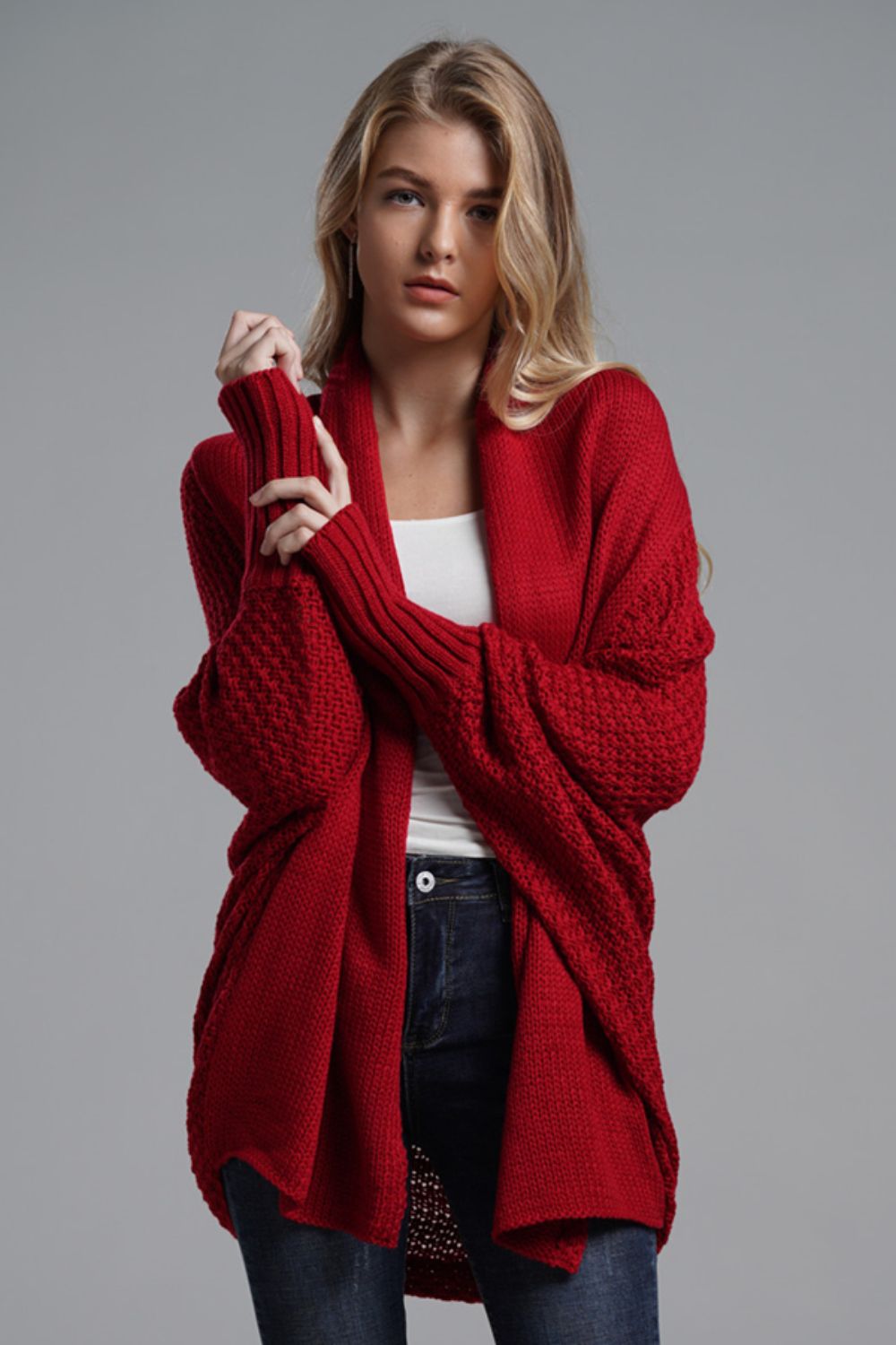 Double Take Dolman Sleeve Open Front Ribbed Trim Longline Cardigan Wine One Size cardigan cardigans clothes Double Take Ship From Overseas sweaters