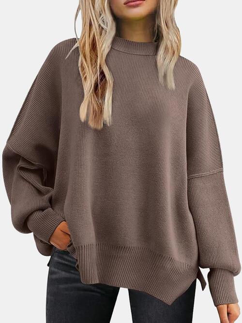 Round Neck Drop Shoulder Slit Sweater Coffee Brown clothes R.T.S.C Ship From Overseas Sweater sweaters Sweatshirt