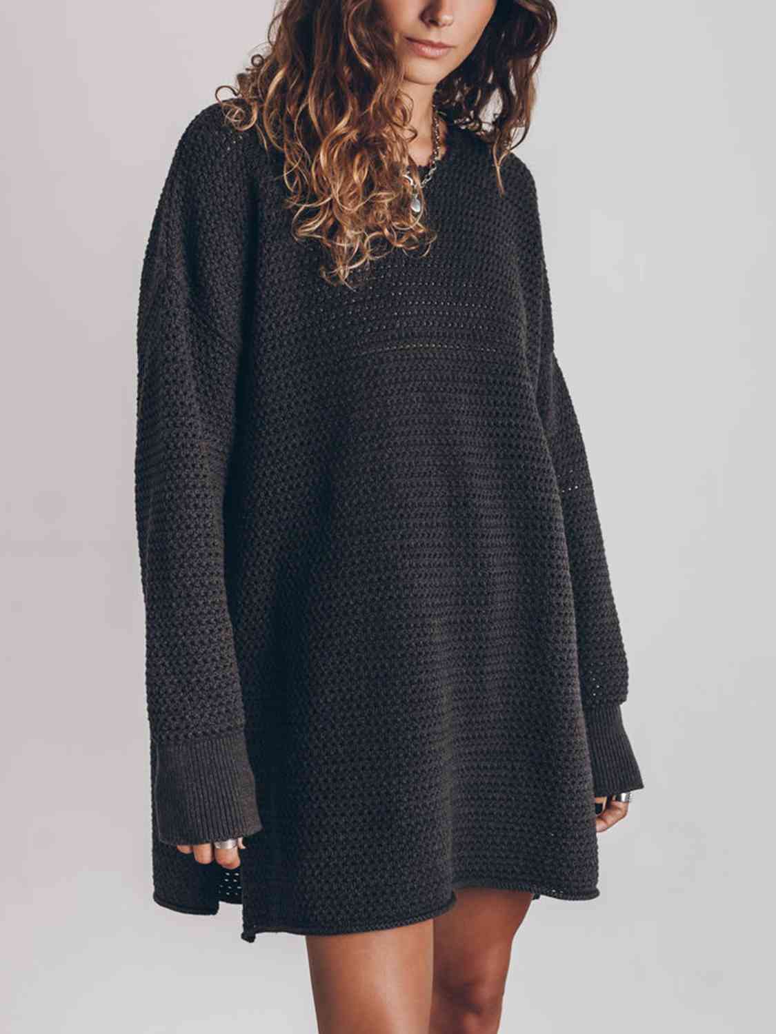 TastyHottie - Openwork Round Neck Long Sleeve Slit Oversized Fashion Sweater