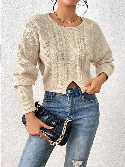 TastyHottie - Cable-Knit Slit Drop Shoulder Sweater