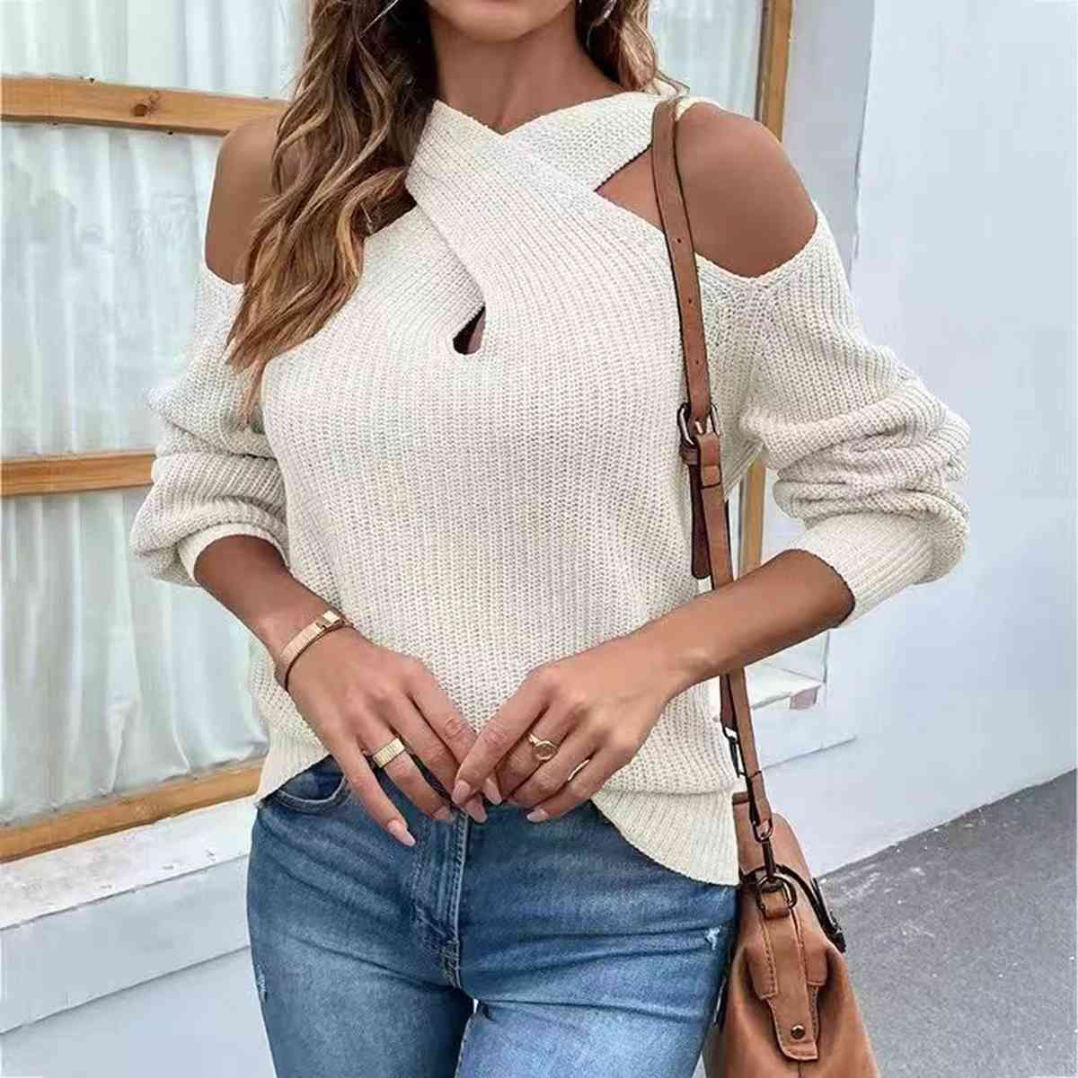 Crisscross Cold-Shoulder Sexy Sweater White clothes long sleeve shirts long sleeve top Ship From Overseas Shipping Delay 10/01/2023 - 10/02/2023 shirt shirts sweater sweaters top tops Y*X