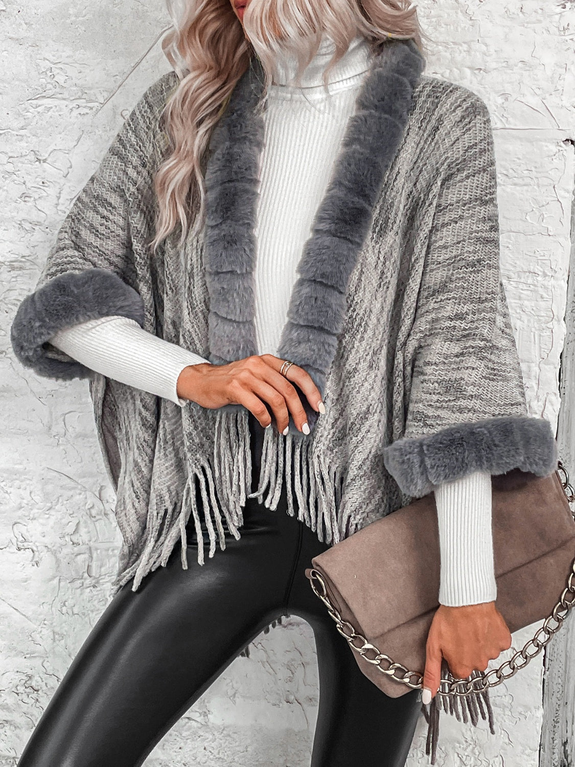 Open Front Fringe Hem Faux Fur Poncho Charcoal clothes poncho Ship From Overseas Shipping Delay 09/30/2023 - 10/03/2023 Sounded Sweater sweaters