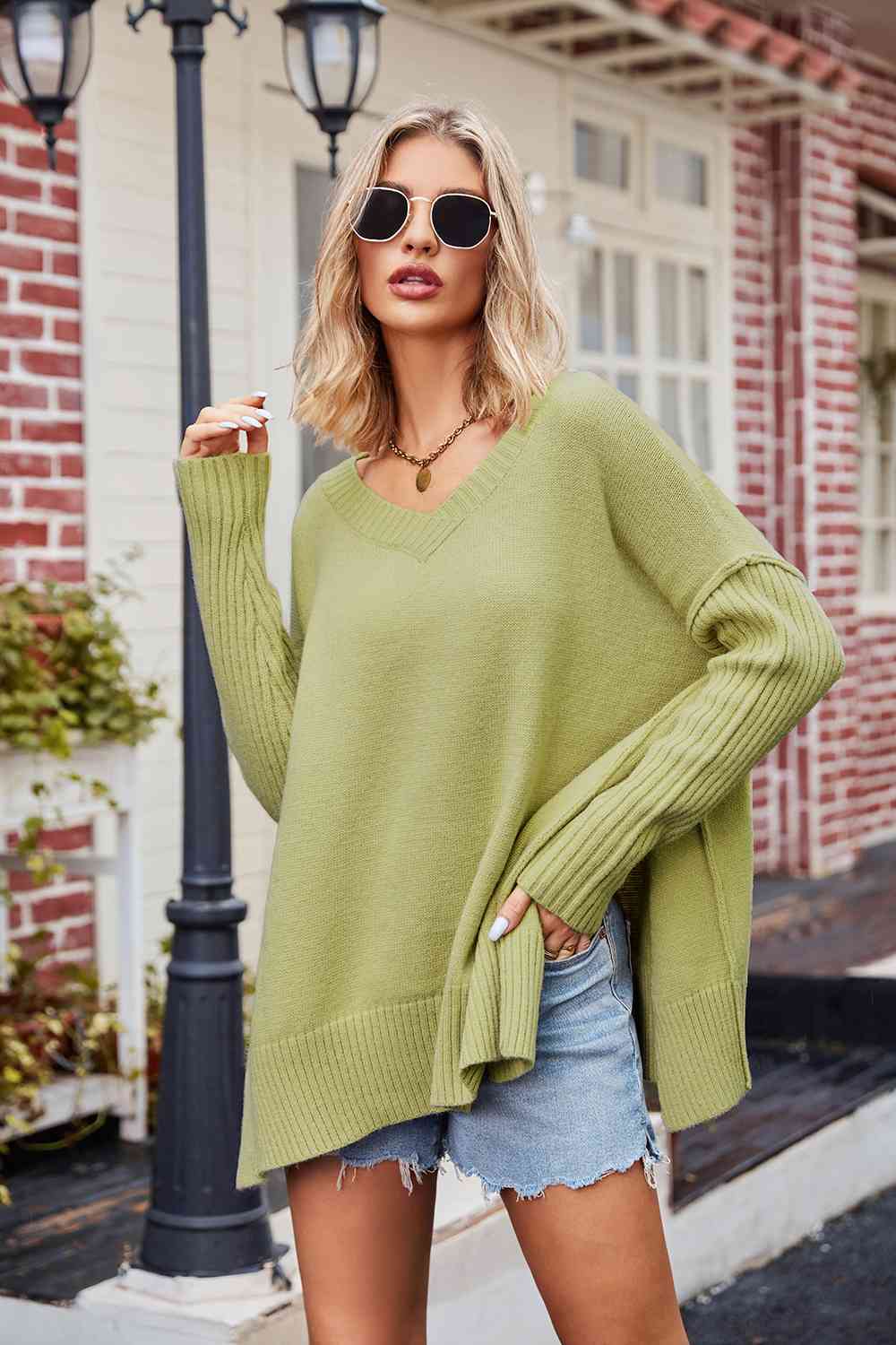 V-Neck Slit Exposed Seam Sweater Lime Cardigan clothes SF Knit Ship From Overseas Sweater Sweaters