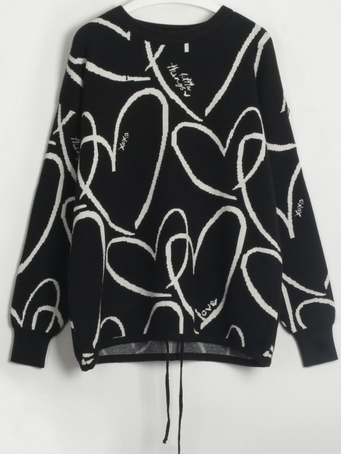 Heart Pattern Drawstring Hem Sweater Black One Size clothes H.Y@Maozhi Ship From Overseas Shipping Delay 10/01/2023 - 10/03/2023 sweater sweaters