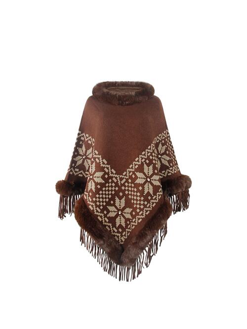 Fringe Geometric Cape Sleeve Poncho Coffee Brown One Size christmas sweater clothes Drizzle poncho Ship From Overseas Sweater sweaters