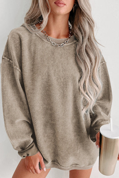 Round Neck Dropped Shoulder Washed Out Casual Sweatshirt Khaki clothes Ship From Overseas sweater sweaters SYNZ