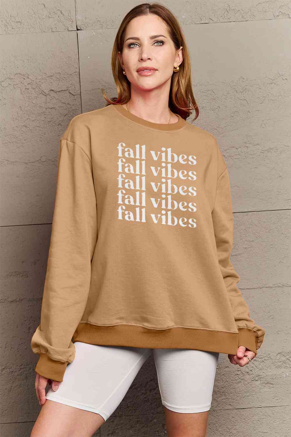 Simply Love Full Size FALL VIBES Graphic Sweatshirt Tan clothes Ship From Overseas Shipping Delay 09/29/2023 - 10/04/2023 Simply Love sweater sweaters Sweatshirt