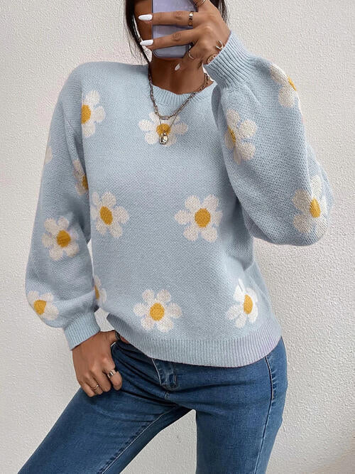 TastyHottie - Flower Round Neck Latern Sleeve Sweater