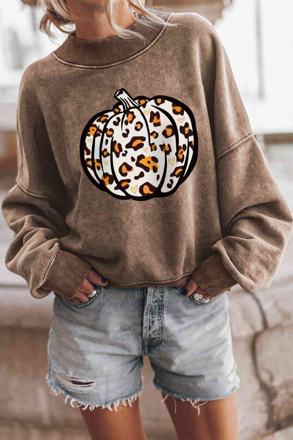 Round Neck Dropped Shoulder Pumpkin Graphic Sweatshirt Mocha clothes halloween sweaters Ship From Overseas SYNZ