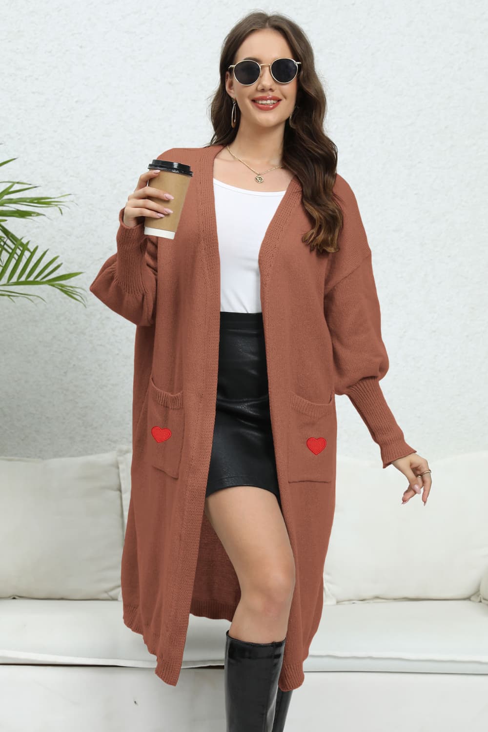 Lantern Sleeve Open Front Pocketed Cardigan with hearts Chestnut One Size cardigan cardigans clothes O & Y.M Ship From Overseas Sweater sweaters trend