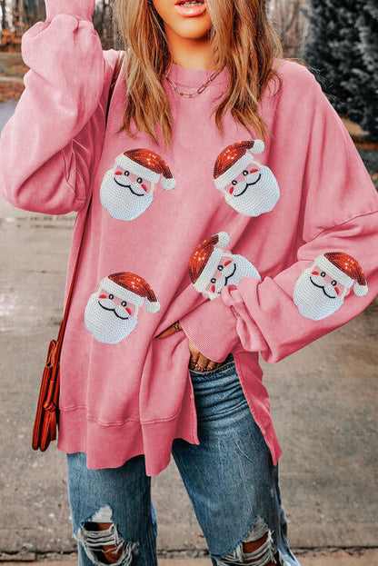 TastyHottie - Sequin Santa Round Neck Slit  Christmas Sweatshirt