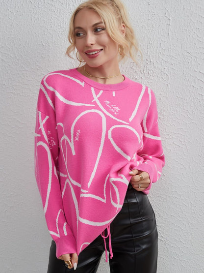 TastyHottie - Heart Pattern Drawstring Hem Sweater