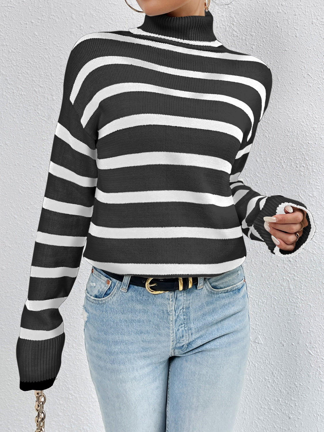 Striped Turtleneck Drop Shoulder Sweater Black clothes long sleeve shirt Ship From Overseas striped sweater sweater Yh