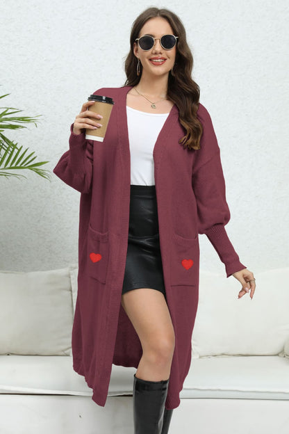 Lantern Sleeve Open Front Pocketed Cardigan with hearts Wine One Size cardigan cardigans clothes O & Y.M Ship From Overseas Sweater sweaters trend