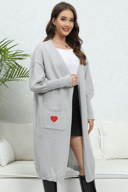 TastyHottie - Lantern Sleeve Open Front Pocketed Cardigan with hearts