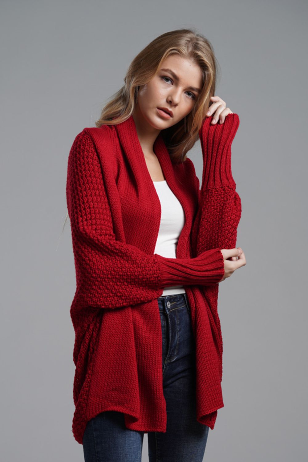 TastyHottie - Double Take Dolman Sleeve Open Front Ribbed Trim Longline Cardigan