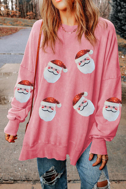 Sequin Santa Round Neck Slit Christmas Sweatshirt Blush Pink Christmas christmas sweater clothes Ship From Overseas sweater sweaters Sweatshirt SYNZ