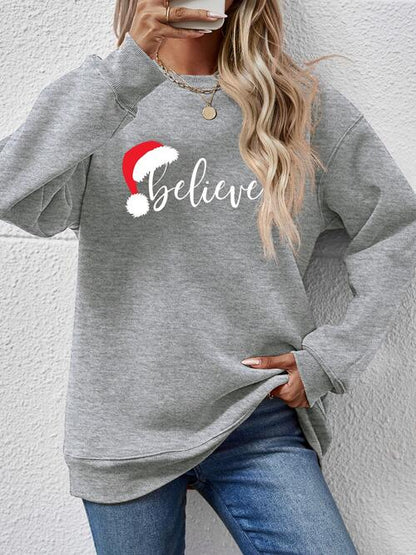 BELIEVE Graphic Long Sleeve Holiday Christmas Sweatshirt Charcoal Changeable christmas sweater clothes Ship From Overseas