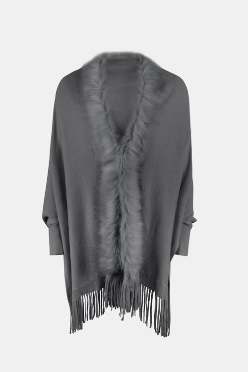 Fringe Open Front Long Sleeve Poncho Charcoal One Size clothes Drizzle Ship From Overseas sweaters