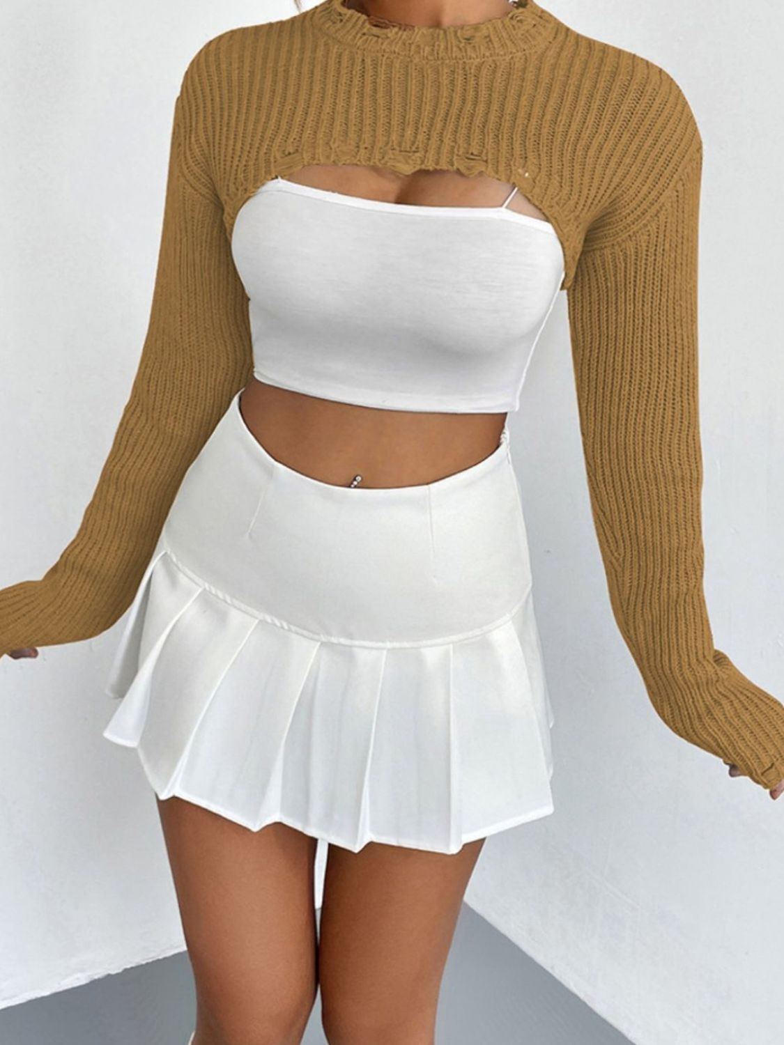 TastyHottie - Distressed Long Sleeve Cropped Sweater