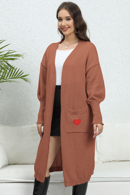 TastyHottie - Lantern Sleeve Open Front Pocketed Cardigan with hearts