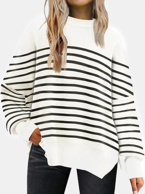 Round Neck Drop Shoulder Slit Sweater white stripes clothes R.T.S.C Ship From Overseas Sweater sweaters Sweatshirt