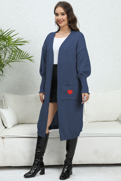 TastyHottie - Lantern Sleeve Open Front Pocketed Cardigan with hearts