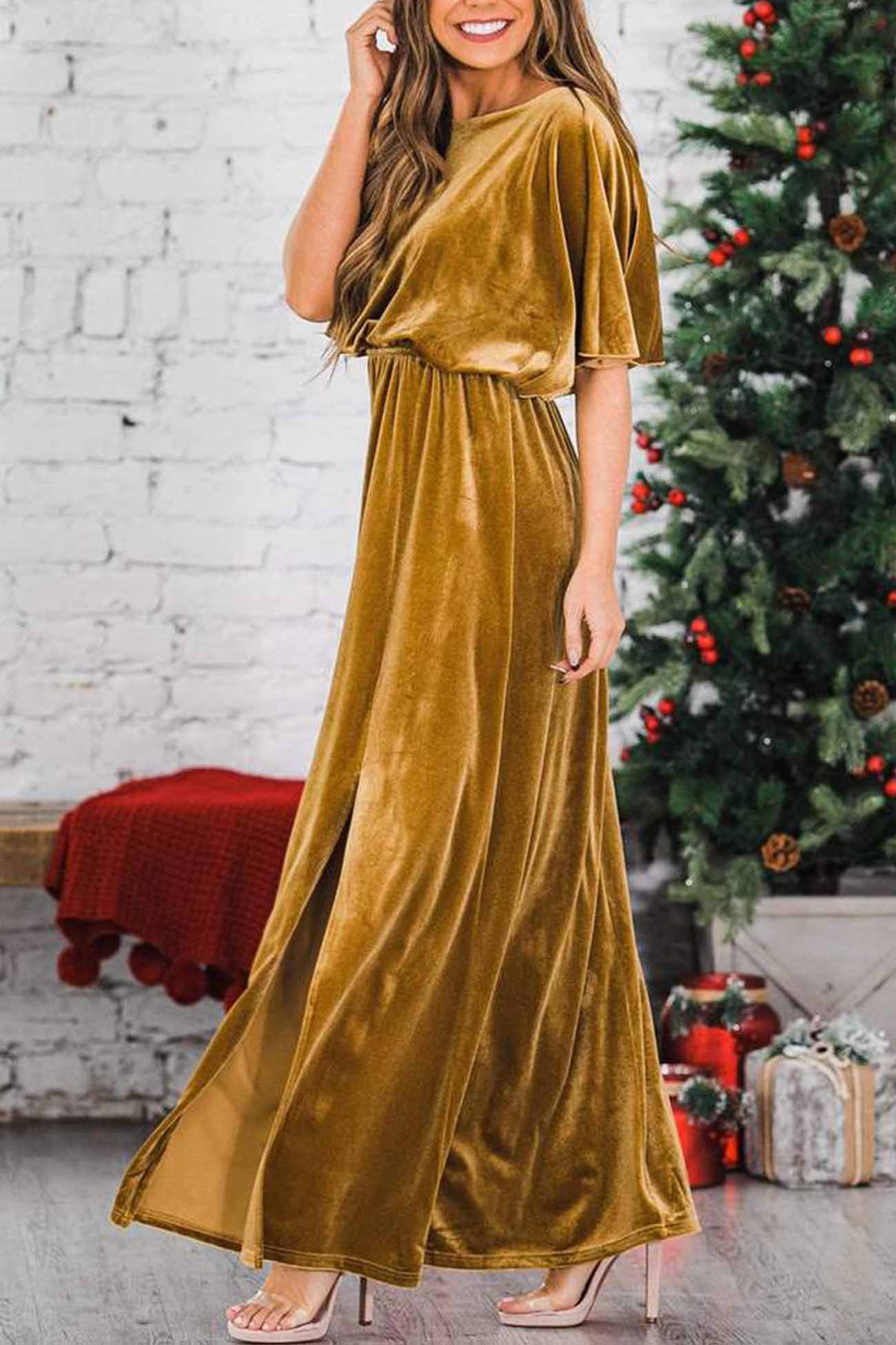 TastyHottie - Velvet Crew Neck High Slit Midi Dress