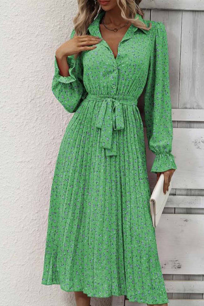 TastyHottie - Floral Tie Wasit Long Sleeve Pleated Midi Dress