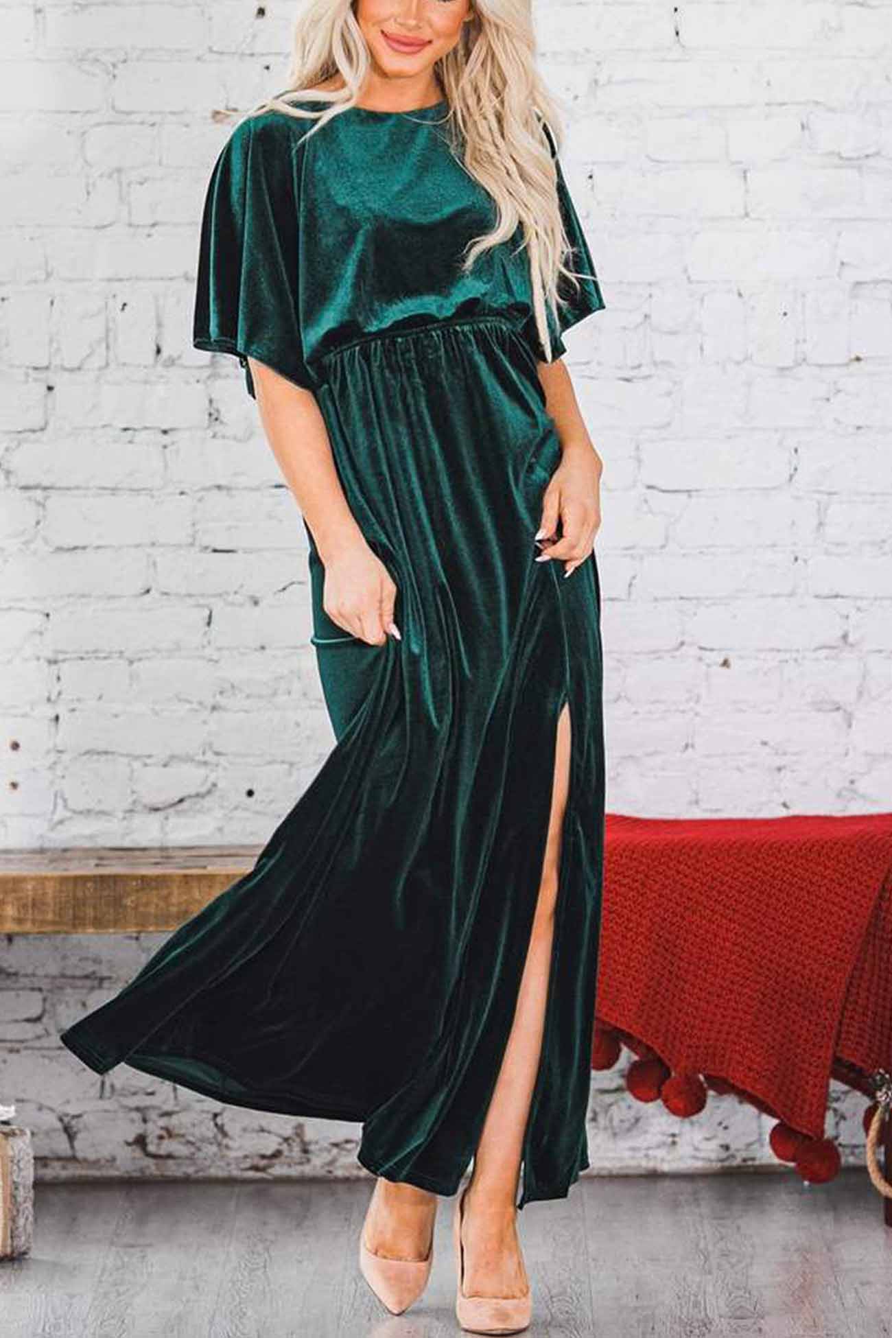 TastyHottie - Velvet Crew Neck High Slit Midi Dress