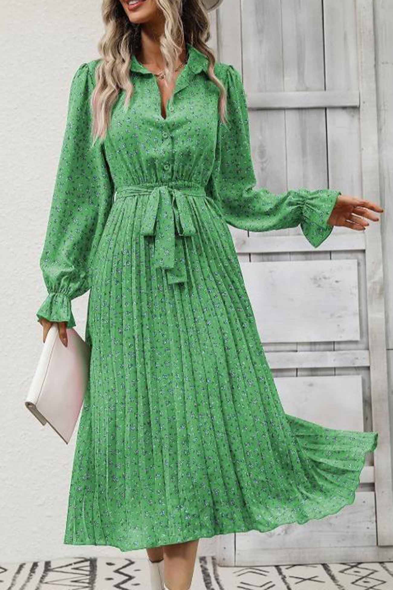 TastyHottie - Floral Tie Wasit Long Sleeve Pleated Midi Dress