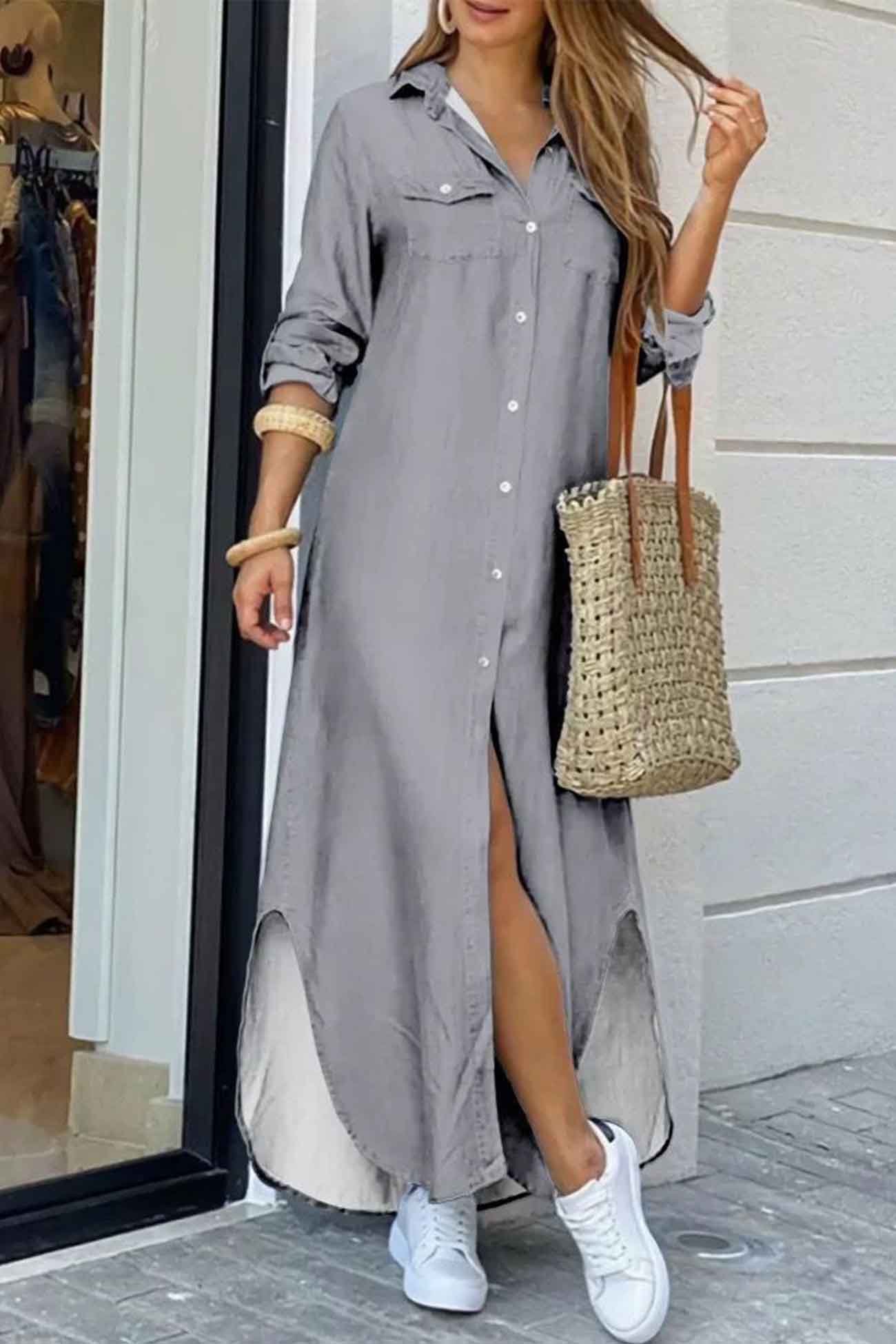 TastyHottie - Long Sleeve Button Up Pocket Shirt Dress