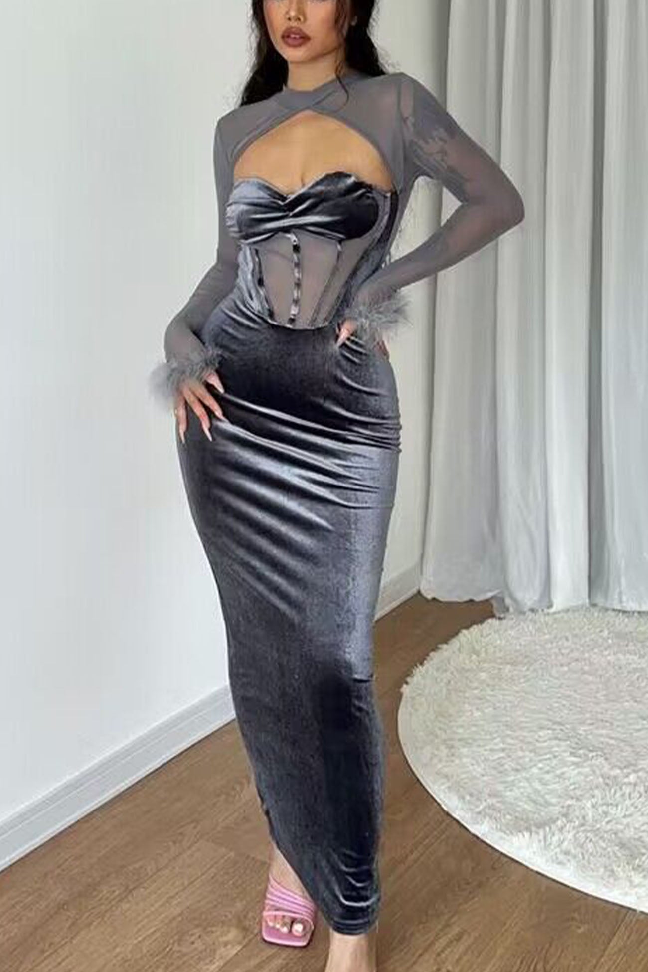 TastyHottie - Plush Mesh Patchwork Corset Hollow Midi Dress