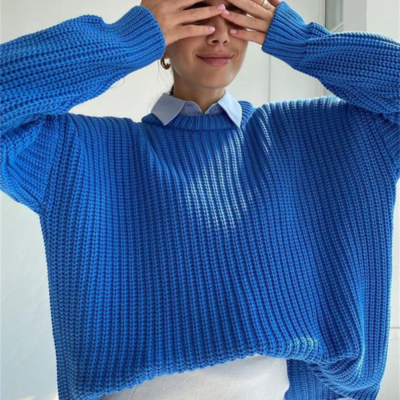 Women's casual round neck loose long sleeve sweater Blue clothes sweater sweaters