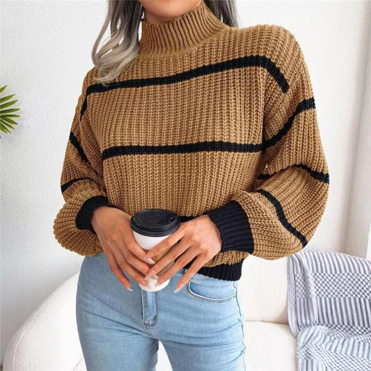 Women's Fashion Casual Striped Balloon Sleeve Turtleneck Sweater Khaki FREESIZE clothes Sweater sweaters turtle neck sweaters turtleneck sweater