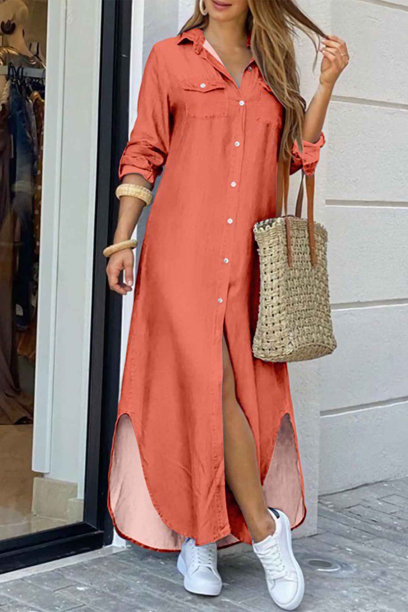 TastyHottie - Long Sleeve Button Up Pocket Shirt Dress