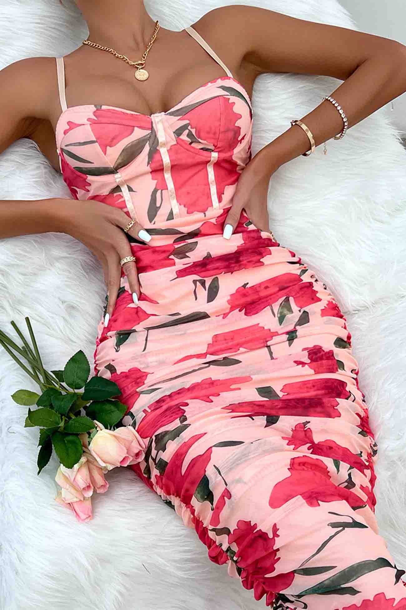 TastyHottie - Floral Printed Rushed Bodycon Cami Dress