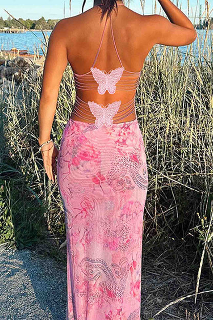 TastyHottie - Halterneck Butterfly Backless Midi Dress