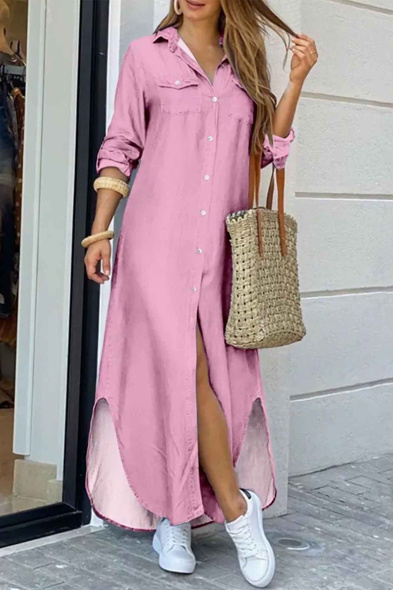 TastyHottie - Long Sleeve Button Up Pocket Shirt Dress