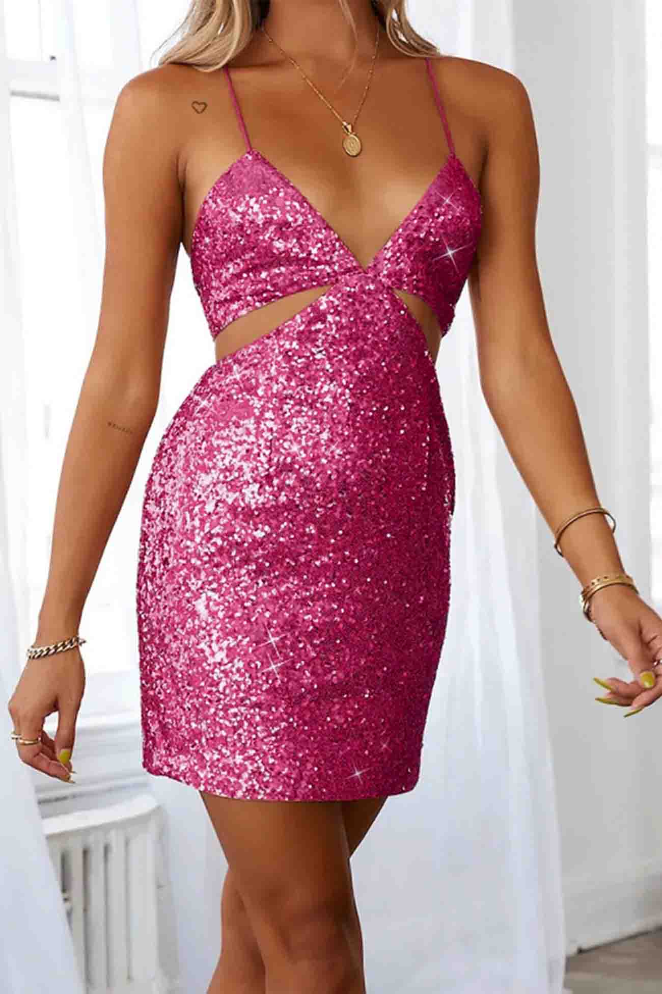 TastyHottie - Sequined V Neck Backless Cutout dress