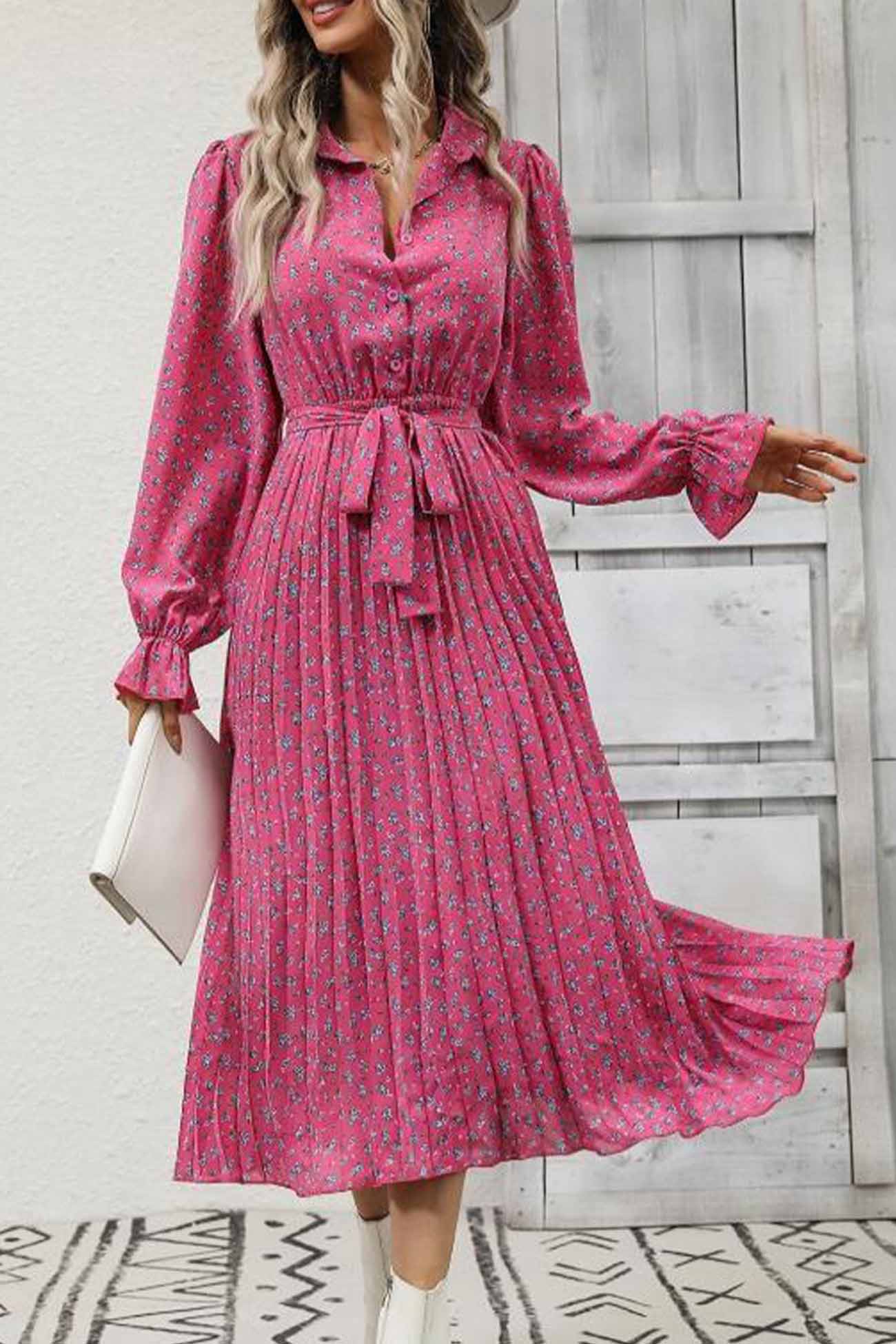 TastyHottie - Floral Tie Wasit Long Sleeve Pleated Midi Dress