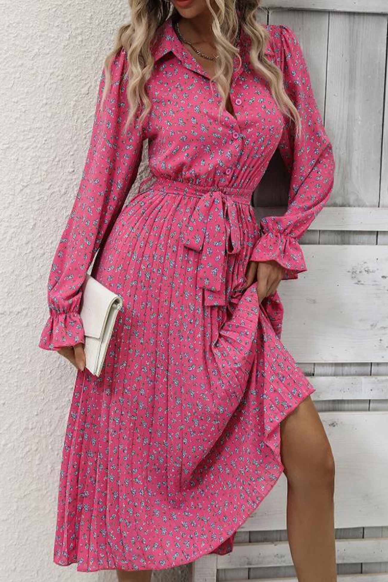 TastyHottie - Floral Tie Wasit Long Sleeve Pleated Midi Dress